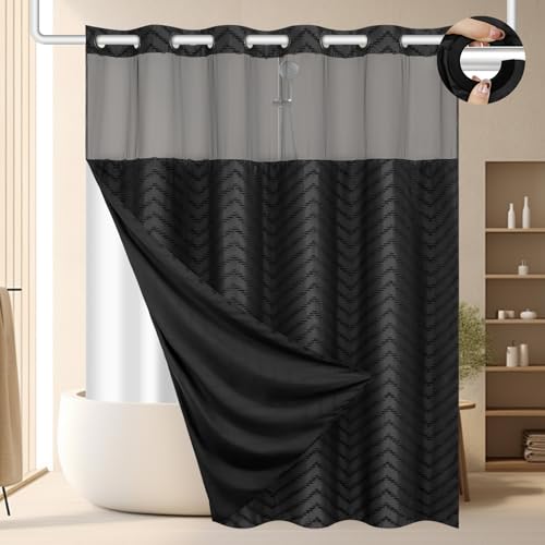 FADOTY No Hook Shower Curtain and Liner Set, Black Snap in Shower Curtain Ringless Chevron Tufted Cloth Waterproof Washable Fabric Bath Curtain with See Through Top Window for Bathroom Hotel 71