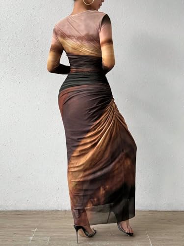 Image of LIGHT DOT Women's Printed Bodycon Maxi Dress Long Sleeve Tie Dye Mesh Ruched Cocktail Dress