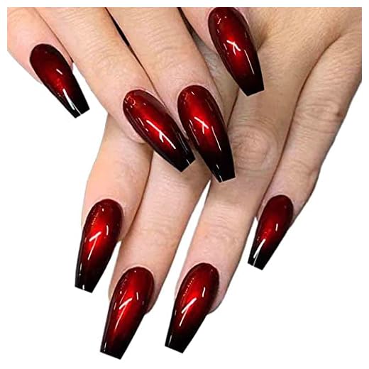 Outyua Ombre Red Black Press on Nails Coffin Ballerina Fake Nails Super Long False nails with Designs Acrylic Halloween Christmas Nails for Women and Girls 24Pcs (Red & Black)