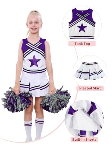 Image of LOLANTA Cheerleader Costume for Girls Halloween Cheer Uniform Outfit | 4Pcs Complete Cheerleading Set with Top, Skirt, Socks and Pom Poms, Cheer Outfits for Halloween Cosplay Christmas