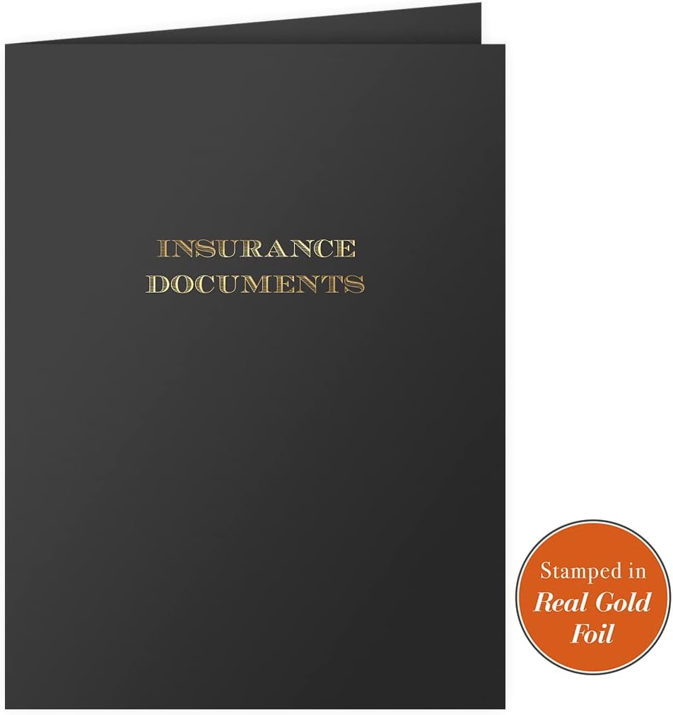 The Gallery Collection, 25 Count, Black, Insurance Documents Pocket Folders, Gold Foil Stamped, for Policy Agents (9 x 12)