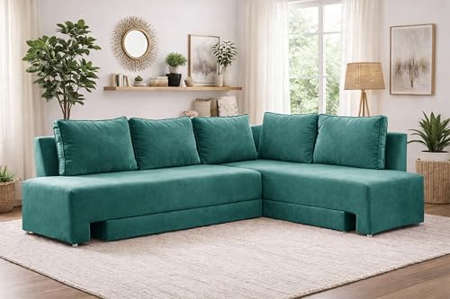 Image of Rosebell L-Shape 5 Seater Sofa Cum Bed, Sectional Couch with Cushions, Space Saving Corner Sofa, Modern Foldable Seating & Sleeping Solution for Living Room, Guest Room & Small Spaces - Green Color
