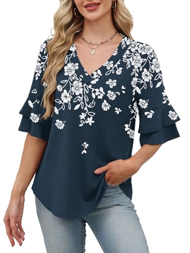 Image of OFEEFAN Spring Tops for Women Boho Shirts Fashion Clothing Cute 3 /4 Length Sleeve Blouses Dressy Casual Summer Outfits