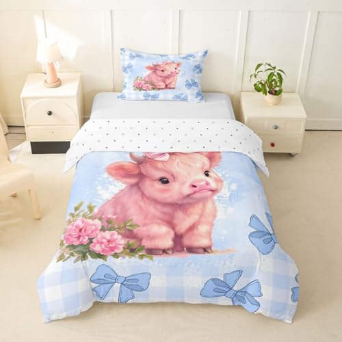 Erosebridal Highland Cows Rustic Girls Blue Grid Duvet Cover Toddler Size | Wildlife Animal Bedding Set Bull Cattle Comforter Cover Buffalo Plaid Warm Soft Bedclothes