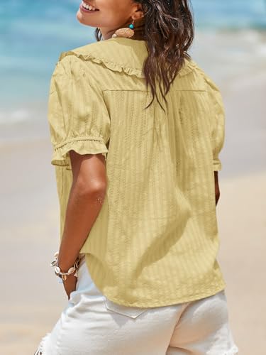 Image of Tankaneo Womens Puff Sleeve Shirts Peter Pan Collar Button Down Cotton Blouse Casual Summer Textured Tops