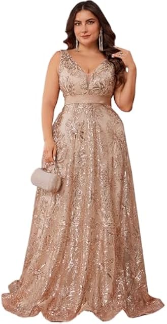 BluePlum Plus Size Formal Dresses for Women with Embroidery Sequin and V-Neck, A-Line Maxi Dress for Wedding and Cocktail