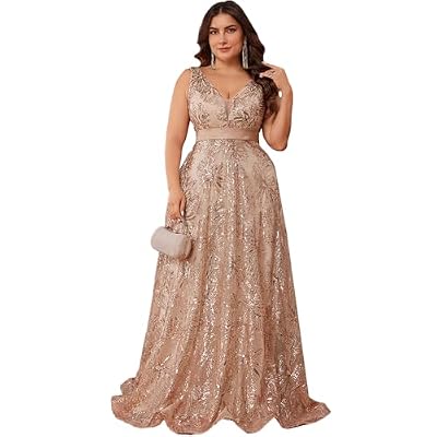 BluePlum Plus Size Formal Dresses for Women 2025, Cocktail Dresses with V-Neck, A-Line Wedding Guest Dresses Maxi Elegant Dress for Party, Peacock Blue, Champagne, Size 2XL