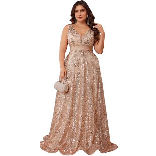 BluePlum Plus Size Formal Dresses for Women 2025, Cocktail Dresses with V-Neck, A-Line Wedding Guest Dresses Maxi Elegant Dress for Party, Peacock Blue, Champagne, Size 2XL