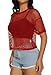 Fishnet Mesh Top for Women Sheer Crew Neck Tshirts Net Blouse for Club Party(Red,S)