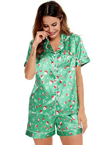 Image of SWOMOG Womens Silk Satin Pajamas Set Short Sleeve Sleepwear Button Down Top and Shorts Loungewear 2 Piece Pjs Set XS-3XL