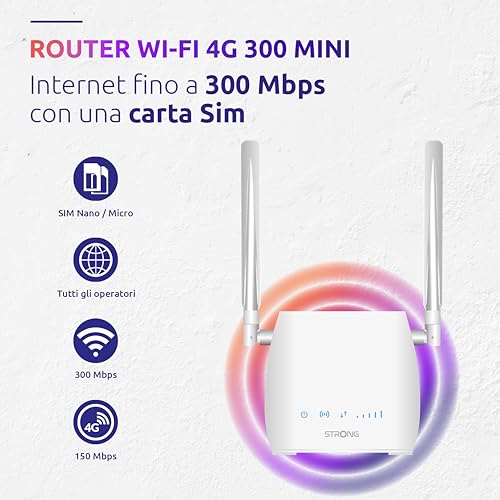 STRONG - Router Wifi 4G LTE 300M - Wifi fino a 150 Mbps 4G/300 Mbps - 1 porta RJ45 - Funziona con tutti i tipi di SIM - Condivisione rete dati - Antenne rimovibili - Facile da installare - Bianco - Router - Immagine 2