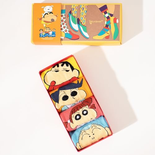 Image of THELA GAADI Shinchan Socks - Pure Cotton Printed Funky Socks for Men & Women | Low Cut Ankle Length Socks | Odour Free & Beathable, Free Size | Pack of 4