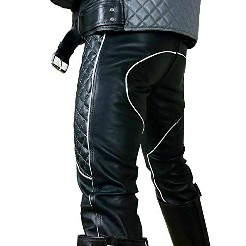 AREENO Motorcycle Bikers Sheep Leather Pants Man Black with White Trim Trousers Jeans2