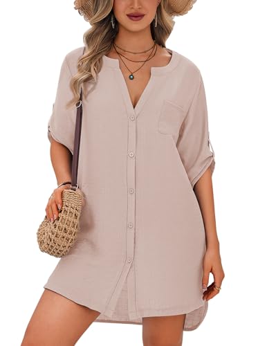 Image of Ekouaer Bathing Suit Cover Up for Women V Neck Button Down Swimsuit Coverup Beach Dress Shirt S-3XL