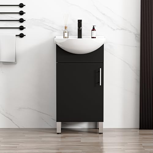 LUCKWIND 18 Space Saving Laundry Sink Cabinet Set with Ceramic Belly Bowl Sink and Faucet Compact Bathroom Vanity with Sink Combo for Laundry Small Bathroom Utility Room Kitchen (Gloss Black)
