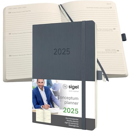 SIGEL C2536 Conceptum Weekly Planner 2025, Approx. A5, Dark Grey, softcover, 2 Pages = 1 Week, 192 Pages, ca. A5