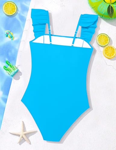 Image of NECIOUS Girls Swimsuit Ruffle Adjustable Straps One Piece Bathing Suit Solid Color Ruched Girls' Swimwear 9-16Y
