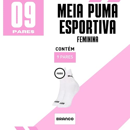 PUMA Kit 9 Pares Meia Feminina Sola Atoalhada Esportiva Cano Médio Adulto, 9 Branco, 34-39