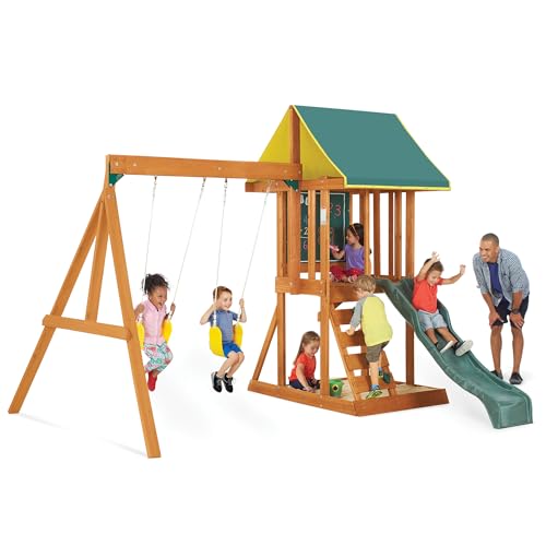 Best Swing Set & Playset Reviews
I tested each of these options for durability, assembly ease, safety, and the variety of activities they offer. Whether you're looking for a simple two-swing setup or a sprawling wooden fortress with slides and climbing challenges, there's something here for every backyard and budget.
KidKraft Appleton Wooden Swing Set