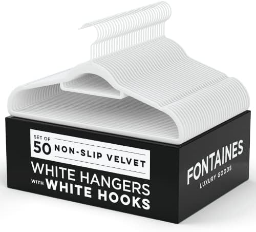 Fontaines Luxury White Velvet Felt Non Slip Clothes Hangers 50 Pack - Ultra Slim & Space Saving - Heavy Duty Swivel White Hook for Clothing, Suit, Top, Tie, Shirt, Skirt & Pant Organization