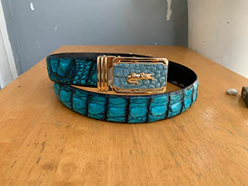 Genuine Crocodile Alligator Leather Skin Patina Paint Belt Buckle For Men, Handmade Men's Belt, Gift For Him (Blue Sky, Size 44) #TOP7