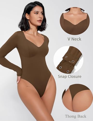 Image of Avidlove Bodysuit for Women Long Sleeve Double Lined Tank Top V Neck Bodysuit Tummy Control Shapewear