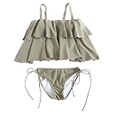 [RAVIR] 【ラヴィール】水着 レディース ビキニ 2点セット ビキニセット 女性用水着 バンドゥ フレア ストリング フリル キャミ フェミニン カーキ Sサイズ