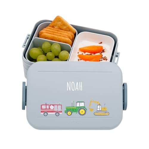 wunderwunsch MEPAL Brotdose Spülmaschinenfest Kinder, Lunchbox mit Einsatz für perfekte Ordnung, Spülmaschine, Mikrowellengeeignet, personalisiert mit niedlichem Motiv (Fahrzeuge, blau)