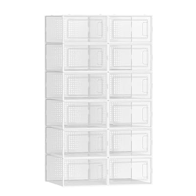 SONGMICS Cajas de Zapatos Plástico Juego de 12 Organizadores de Almacenamiento Caja Zapatero Plástico Plegable y Apilable para Zapatillas hasta talla 44 Transparente y Blanco LSP12SWT
