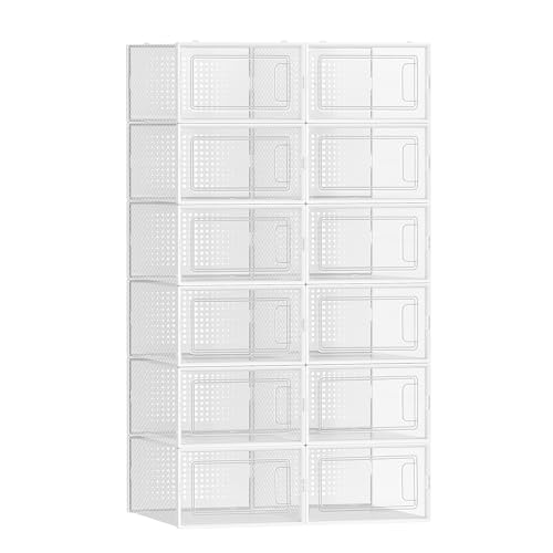 SONGMICS Cajas de Zapatos Plástico, Juego de 12 Organizadores de Almacenamiento, Caja Zapatero Plástico Plegable y Apilable para Zapatillas hasta talla 44, Transparente y Blanco LSP12SWT