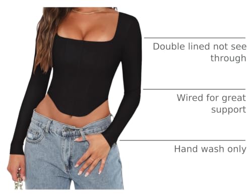 REORIA Womens Sexy Square Neck Long Sleeve Y2K Corset Crop Tops Black Small - image 4
