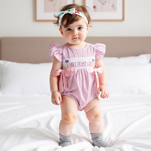 Newborn Baby Girl Half First Birthday Outfit Smocked Bubble Romper Fly Sleeve Bodysuit Cake Smash Outfit3
