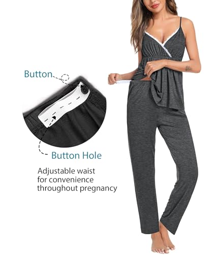Image of SWOMOG Maternity Nursing Robe Set 3 Piece Breastfeeding Pajamas 3 in 1 Labor Delivery Sleevless Tops&Long Pants Pregnancy Pjs