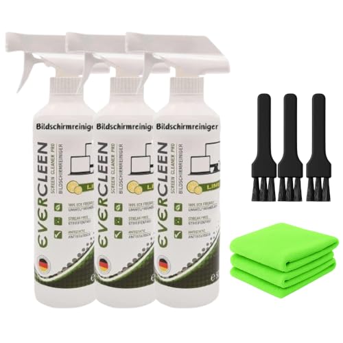 Evercleen 9-teiliges Reinigungsset – 3X500ml Bildschirmreinigungsspray + 3X Mikrofasertuch | Für Smartphone, Laptop, Tablet, TV, Monitor, LCD, LED, OLED, TFT, Uhren +3XBrillentuch
