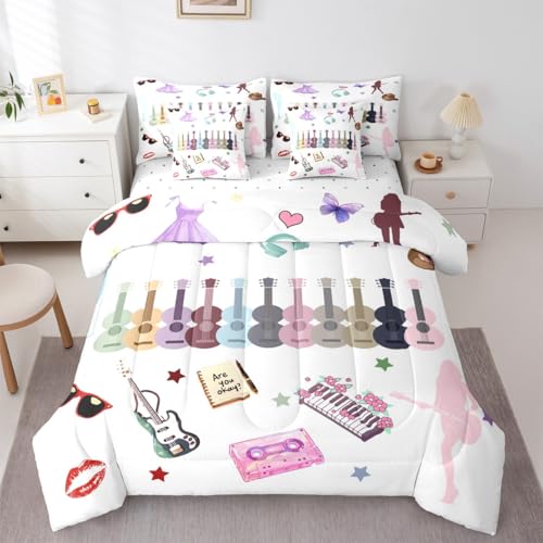 Erosebridal Music Fans Print Comforter Set Full Size Musics Theme Bedding Sets 7 Piece Singer Fans White Bed in A Bag Fashion Birthday Valentines Day Gift Sheet Set with Comforter for Music Lovers