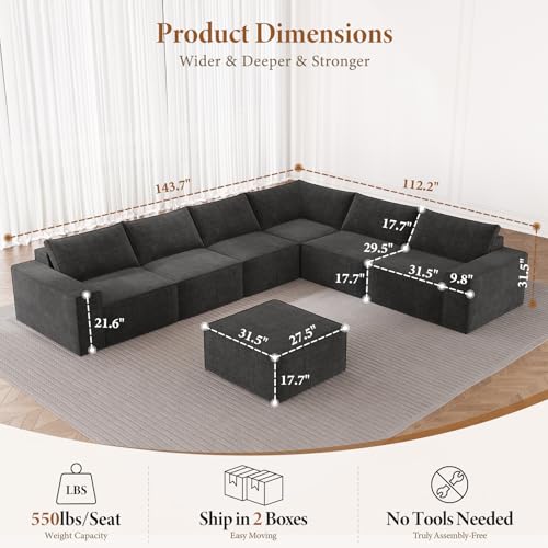 Image of Vesgantti 143.7 inch Oversized Boneless Couch, Modern 7 Seater Modular Sectional Sofa with Deep Seat, Convertible Chenille Cloud Couches for Living Room, No Assembly Required, Dark Grey