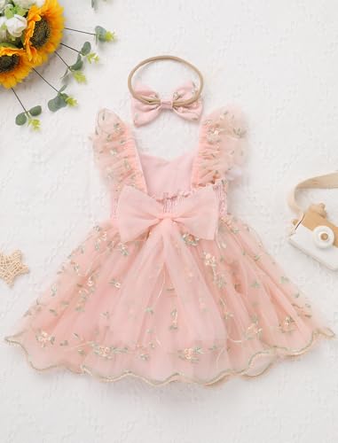 ODASDO Baby Girls Floral Embroidery Tulle Tutu Romper Dress Headband Set for First Birthday Party Cake Smash Wedding3