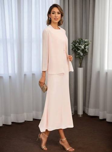 2 Pieces Tea Length Mother of The Bride Dresses Long Sleeve Chiffon Formal Wedding Guest Dress with Jacket4