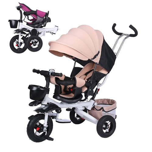 JIYIAN Foldable Trike for Children,360 Degree Rotation Seat W/Push Handle,Removable Canopy, Storage, Stroller Bike Gift for Toddlers,Brown,Style 1