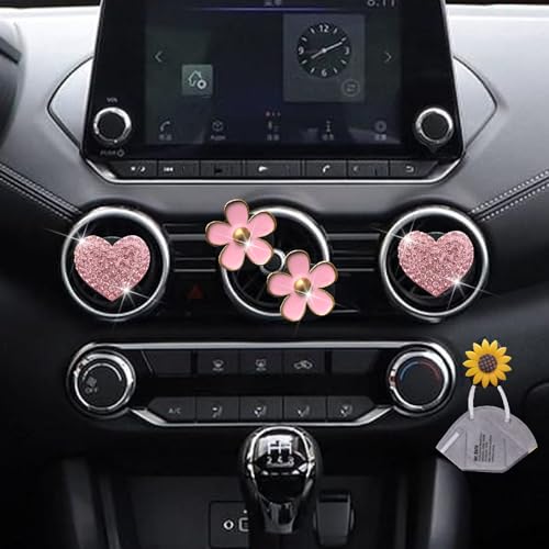 Image of 4 Pcs Pink Heart & Flower Pandent Air Vent Clips,Bling Heart and Flower Air Fresheners Vents Clips Diamond Car Interior Decor Bling Cute Car Accessories Decoration for Women+ Sunflower Mask Hook