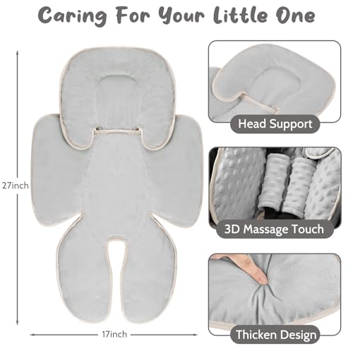 Image of 2 in 1 Infant Car Seat Insert Head and Body Support Set, Reversible Newborn Insert for Carseat with 3 Extra Strap Paddings, Soft Stroller Cushion Pillow Insert Girls, Fits for Stroller, Swing, Grey