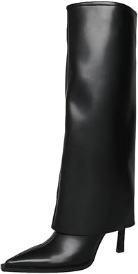 Goolita Womens Stiletto Heel Knee High Boots Pointed Toe Slip On Fold Over Boots For Women Sewing Leather Comfy Dress Boots