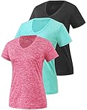 Star Vibe 3 Pack Women's Short Sleeve Dry Fit T-Shirts Moisture Wicking Athletic V-Neck Gym Tee Exercise Yoga Tops Black/Cyan/Rose XL