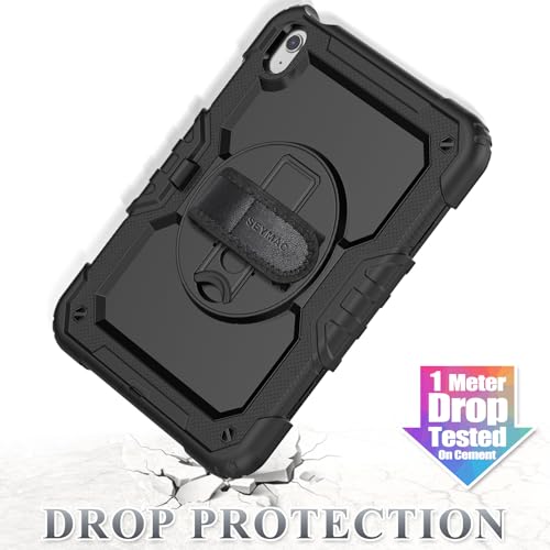 SEYMAC stock Case for iPad A16 11th/10th Generation (11/10.9 Inch) 2025/2022, Heavy Duty Shockproof with Screen Protector, 360° Rotating Stand/Hand Strap, Pencil Holder & Shoulder Strap, Black