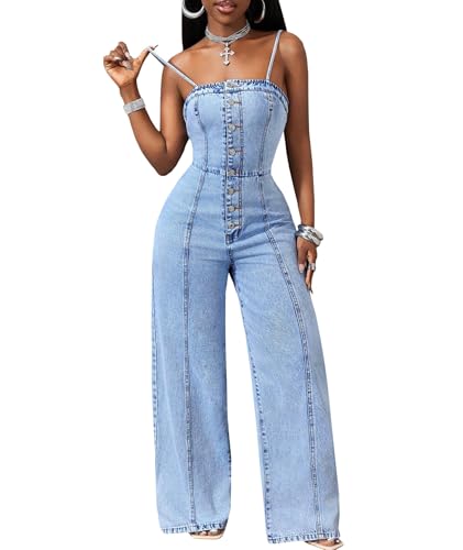 SEMATOMALA Women's Spaghetti Strap Denim Wide Leg Jumpsuit Button Down Casual Summer Jean Outfits Flare Pants Romper BE-M