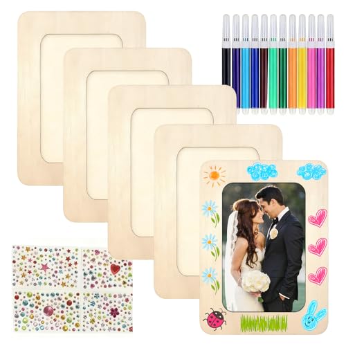 MFUSUL 5er-Set Holzbilderrahmen zum Bemalen Bastelset mit 12 Wasserfarben Glitzersteinen & 3D-Stickern Kreativ-Set zur Selbstgestaltung & Individualisierung ideal für Geburtstage Bastelpartys