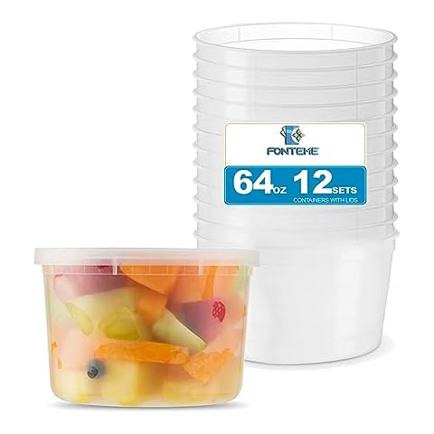 Fonteme 64 oz Deli Plastic Food Storage Containers with Lids – 12 Sets | Microwave, Freezer, and Dishwasher-Safe Meal Prep Containers | Stackable, Leak-proof Containers for Securely Food Storage… Cover