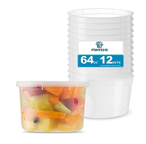 Fonteme 64 oz Deli Plastic Food Storage Containers with Lids – 12 Sets | Microwave, Freezer, and Dishwasher-Safe Meal Prep Containers | Stackable, Leak-proof Containers for Securely Food Storage…
