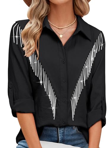 MYMORE Womens Sparkly Fringe Button Down Shirt Rolled 3/4 Sleeve Top Country Concert Nashville Western Cowgirl Outfit