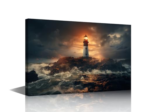 Impression sur toile phare au coucher du soleil avec châssis en bois durable 91 cm